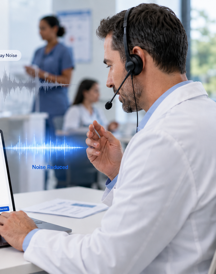 Physician dictating in a busy clinic while background chatter is reduced