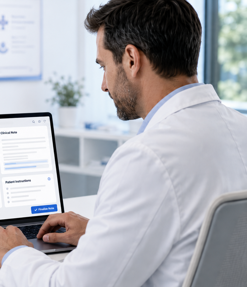 Physician reviewing AI-assisted encounter documentation on a laptop